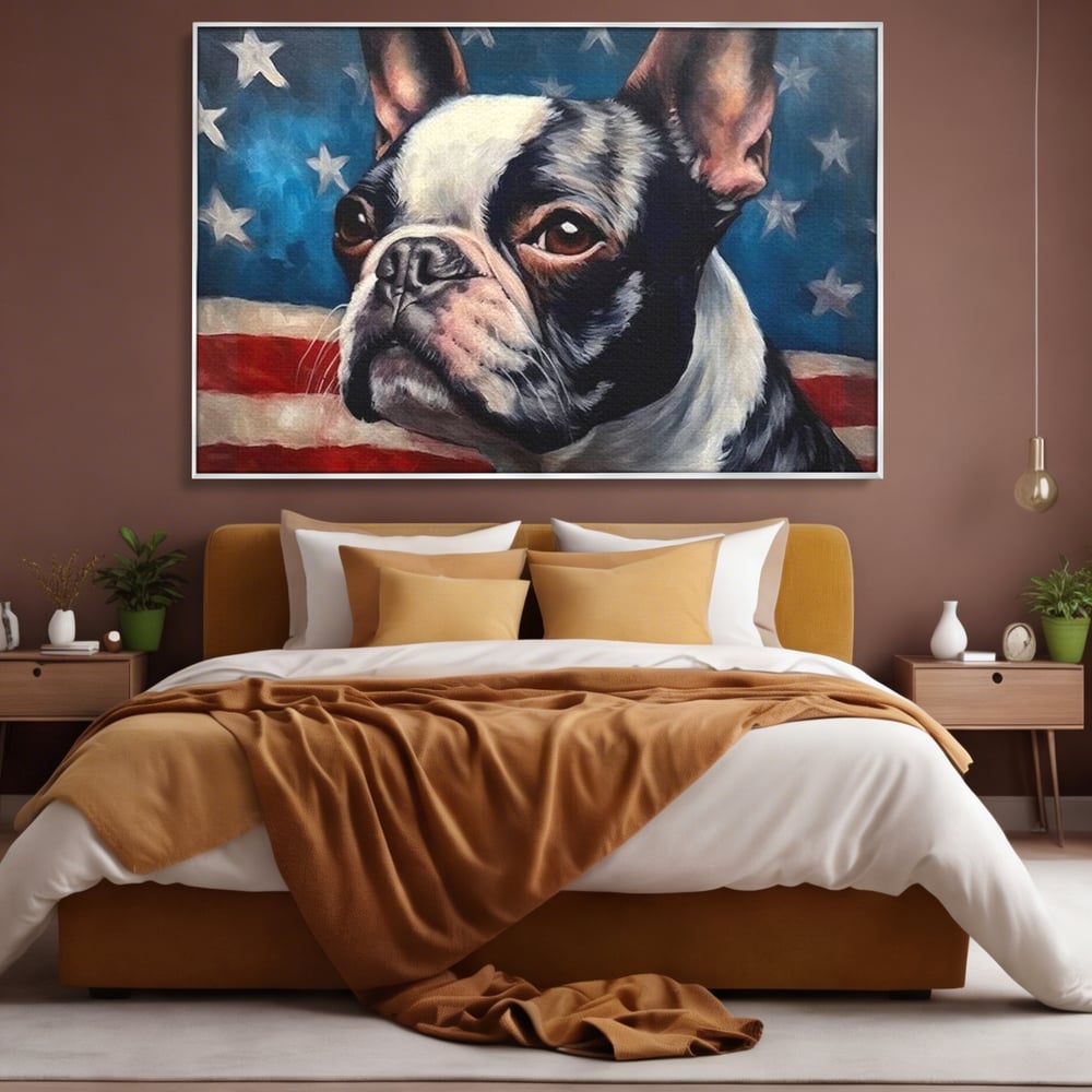 Tablou canvas cu tablou pictura caine boston terrier, in rama de aluminiu argintiu, pe perete intr-un dormitor